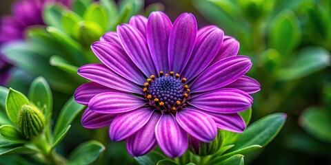 Fototapeta premium A vibrant purple flower with intricate details and a deep purple center surrounded by a halo of yellow pollen blooms amongst lush green foliage.