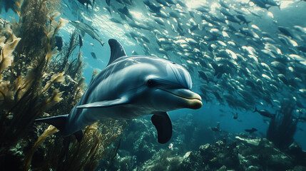 Naklejka premium A playful dolphin swimming alongside a school of fish