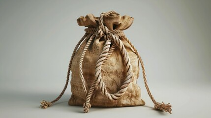 Fototapeta premium Ornate beige fabric pouch with drawstring closure and golden decorative strings photographed on a plain background The textured material and tied design create an elegant