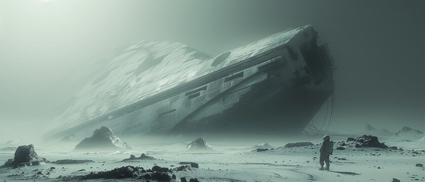 An astronaut stands before a crashed derelict spaceship shrouded in thick, misty fog on a snowy alien planet
