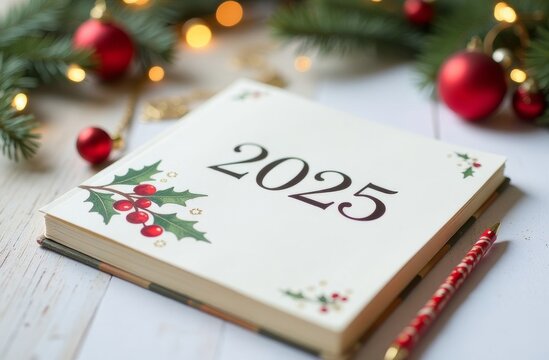 Decorative planner for the year 2025 surrounded by holiday decor and Christmas ornaments with festive lights