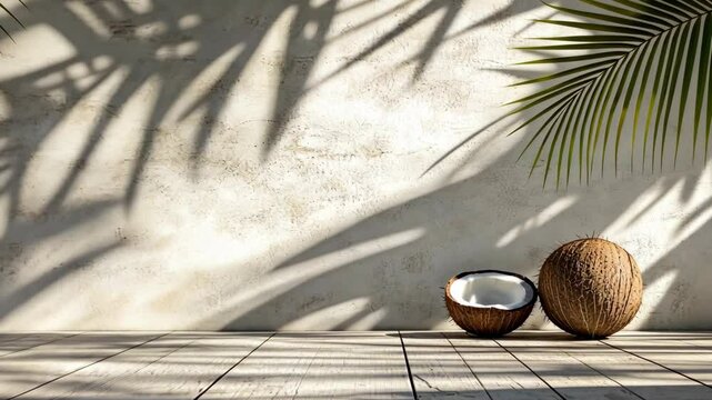 Two coconuts sit on a wooden floor with palm tree shadows cast on a white wall