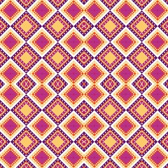 A grid of squares pattern on this seamless fabric, bold purple, forms the foundation of the design. Each square is filled with a delicate pattern of small, yellow diamonds of texture  and depth. 