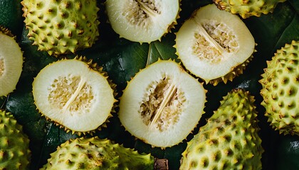 Sliced Kiwano Melon with Spiky Skin on Green Leaves