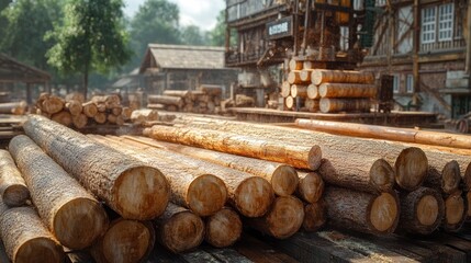Stacked logs in a lumber yard, showcasing timber for processing.