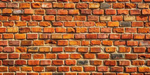 Obraz premium A weathered brick wall with a rich palette of red, orange, and brown hues, showcasing the natural aging and wear of time.