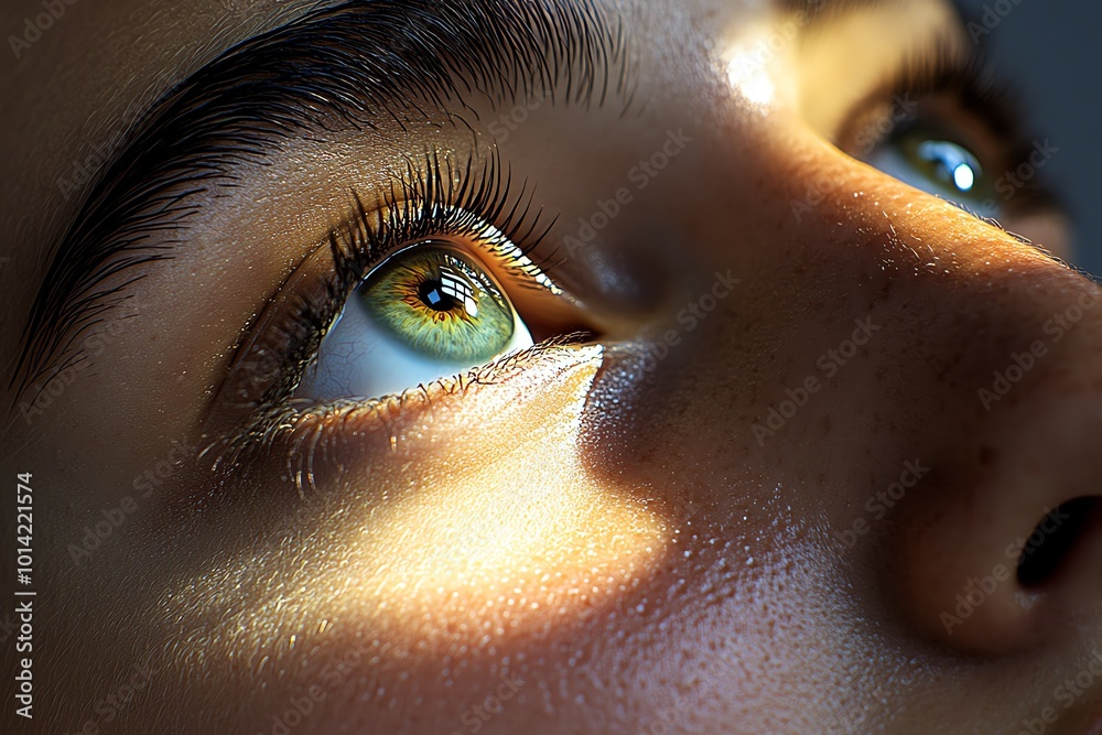 Aufkleber hyper-realistic close-up of a personâ€™s face in meditation, with soft light glowing around them, sy