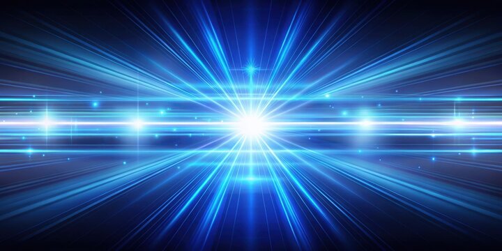 A radiant blue and white light emanates from the center of the image, radiating outward like a starburst, surrounded by parallel lines converging at the focal point.