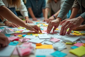 Obraz premium Many hands are gathered around a table covered with colorful sticky notes.