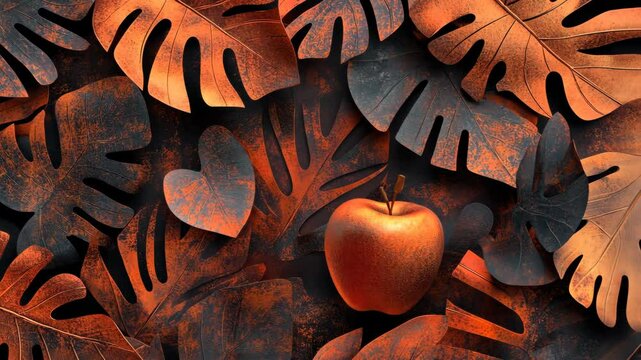 A single red apple sits in the center of a cluster of dark and orange leaves