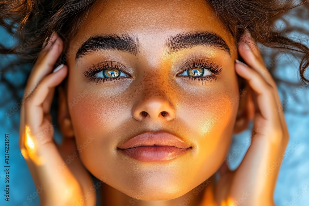Poster hyper-realistic close-up of a personâ€™s face in meditation, with soft light glowing around them, sy