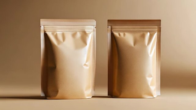 Two brown stand-up pouches with zippers are displayed against a light brown background