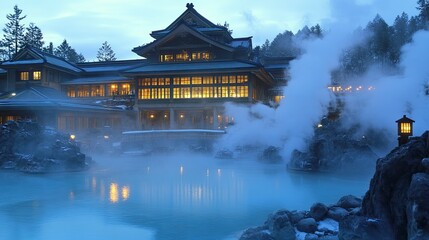 Obraz premium A traditional Japanese onsen (hot spring) resort with a wooden building and steaming water at dusk.