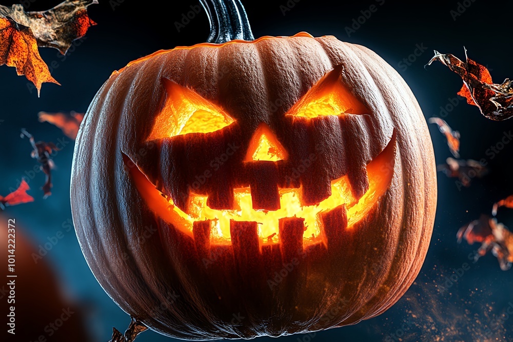 Poster hyper-realistic close-up of a glowing jack-oâ€™-lantern, its carved face flickering with eerie light