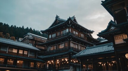 Fototapeta premium A traditional Japanese inn with a wooden facade and multiple levels, nestled in a forested mountain range.