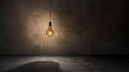 Dark empty room with single flickering light bulb casting long shadows, emphasizing absence of power and eerie atmosphere, minimalist setting with focus on light bulb's glow.