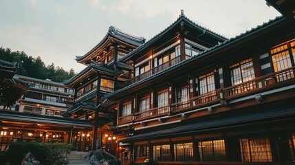Fototapeta premium A traditional Japanese ryokan with wooden architecture and glowing windows.