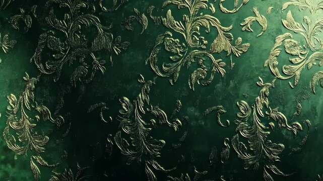 A close-up of an intricate, gold floral pattern on a dark green background