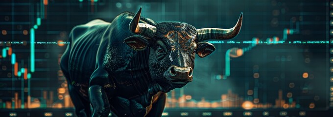 Bull in a green suit celebrating in front of a stock market graph, symbolizing financial success and optimism in a realistic photography style.