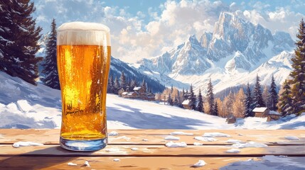 Ai generated illustration cold beer glass on the table with sunny winter mountains landscape at ski resort.
