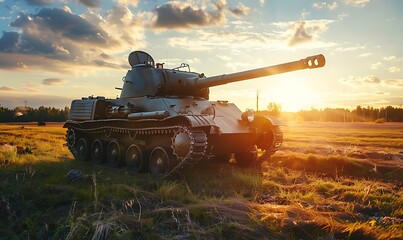 Fototapeta premium Military tank in the field at sunset.