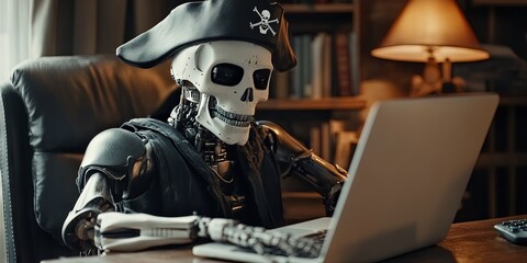 Fototapeta premium robot pirate using laptop, home office -