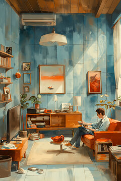 Watercolor illustrations depict everyday objects and activities within the home, creating a cozy atmosphere.