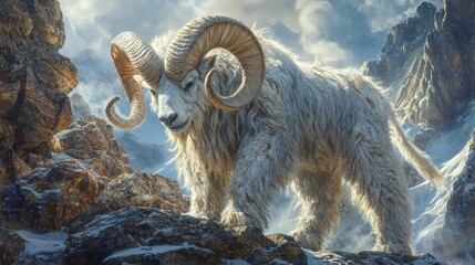 Obraz premium A powerful creature looms on rugged rocks, its dense fur and striking horns highlighted in exquisite clarity.