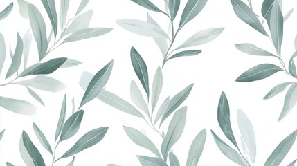 Fototapeta premium Seamless pattern of olive branches in soft sage green against a white background, ideal for minimalist design and decor