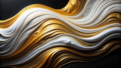 Abstract wavy white and gold acrylic paint spread elegantly on a black background resembling imitation marble, modern, elegant, flowing, smooth, artistic, gold, black background