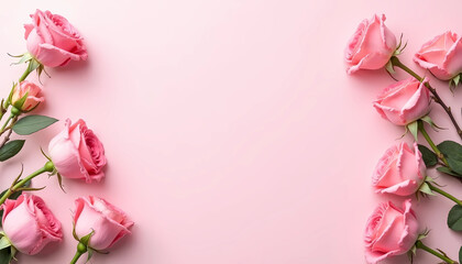 Obraz premium Delicate pink roses set against a light pink backdrop, with room for text in an empty frame, generative ai