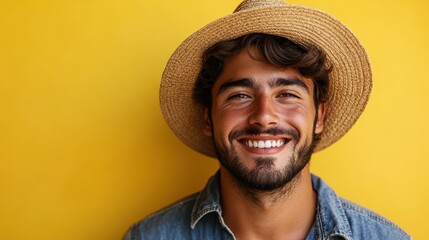 Farmer in studio portrait, young handsome villager smiling with hat, happy agriculture worker on yellow background, posing cheerful and confident, lifestyle, expression