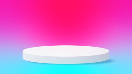 Vibrant Pink and blue colour background. Realistic white cylinder pedestal podium. Vector rendering geometric forms design. Minimal scene. shadow. Stage showcase, Mockup product display.