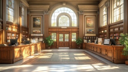 Elegant library interior with wooden furnishings and natural light.
