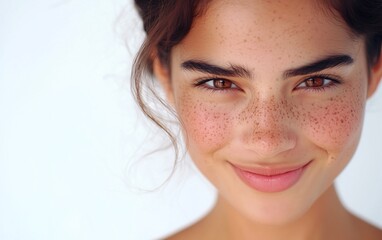 Fototapeta premium A close-up of a smiling young woman with freckles and wavy hair, showcasing natural beauty against a minimalistic background.