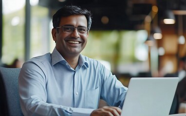 Fototapeta premium A smiling man with glasses sits at a laptop in a modern workspace, exuding confidence and professionalism.
