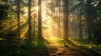 Fototapeta premium Sunlit Forest Path in Lush Tranquil Wilderness