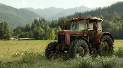 Old tractor in the field with blue sky and white clouds