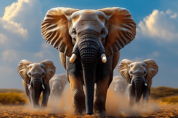 Fototapeta premium Hyper-realistic image of elephants walking across the savannah, with every wrinkle in their skin and dust cloud behind them captured in stunning detail, representing the beauty of African wildlife