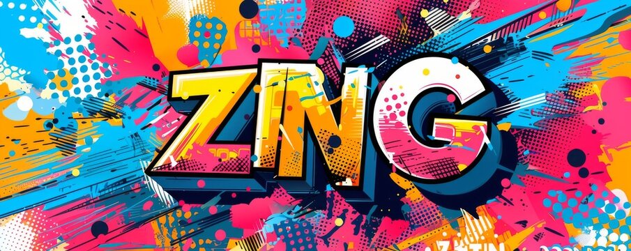 Colorful pop art background with "ZING" text. Electric theme, Bold graphics, Dynamic vector background