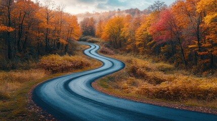 Naklejka premium A winding road curves through the forest landscape, surrounded by vibrant autumn foliage, leading to a scenic rural path, perfect for a beautiful countryside journey, surrounded by trees