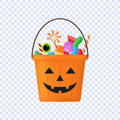 Pumpkin bucket with candies for halloween trick or treat party isolated on transparent background, Vector Illustration © Thanaporn