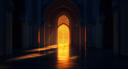 A golden light shines through an ornate doorway in a dark, arched hallway, creating a path of light on the floor.
