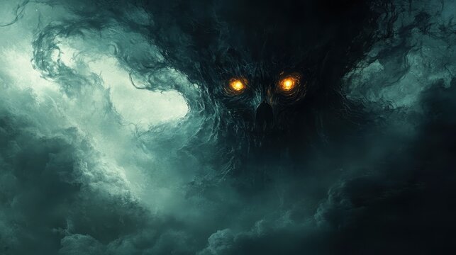 A shadowy entity with luminous, unearthly eyes looms in the darkness, intricately detailed and enigmatic.