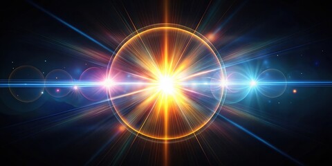 Fototapeta premium A radiant, celestial sphere emitting a vibrant burst of golden light, illuminating the surrounding darkness with streaks of blue and white, creating a breathtaking cosmic spectacle.