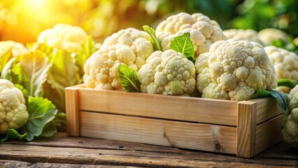 Obraz premium vitamins, fiber, vegetarian, healthy eating, vegetables, A close up view of a wooden box filled with fresh cauliflower placed under sunlight as seen from a worm s eye perspective