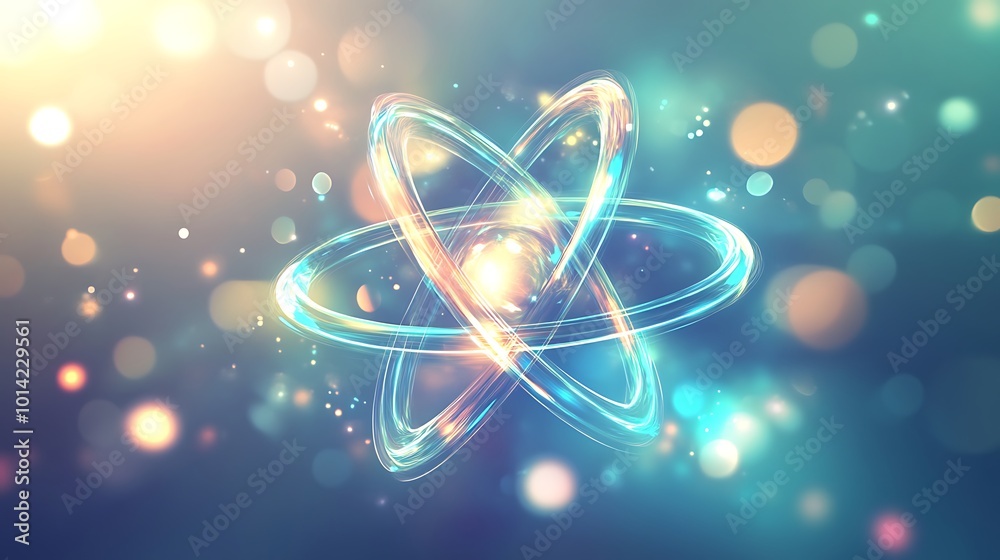 Poster a glowing blue atomic model on a blue background with white bokeh.