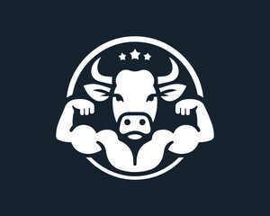 Obraz premium Strong powerful cow gym logo vector illustration. Cow graphic silhouette black and white.