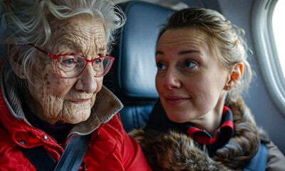 Generational Connection: A poignant moment between an elderly woman and a younger woman on an airplane, capturing a sense of shared experience and intergenerational understanding.