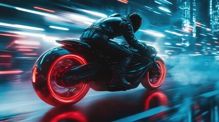 Obraz premium Man in Black Jacket Riding Futuristic Motorcycle with Red Wheels Through Cyberpunk City at Night with Neon Lights and Motion Blur
